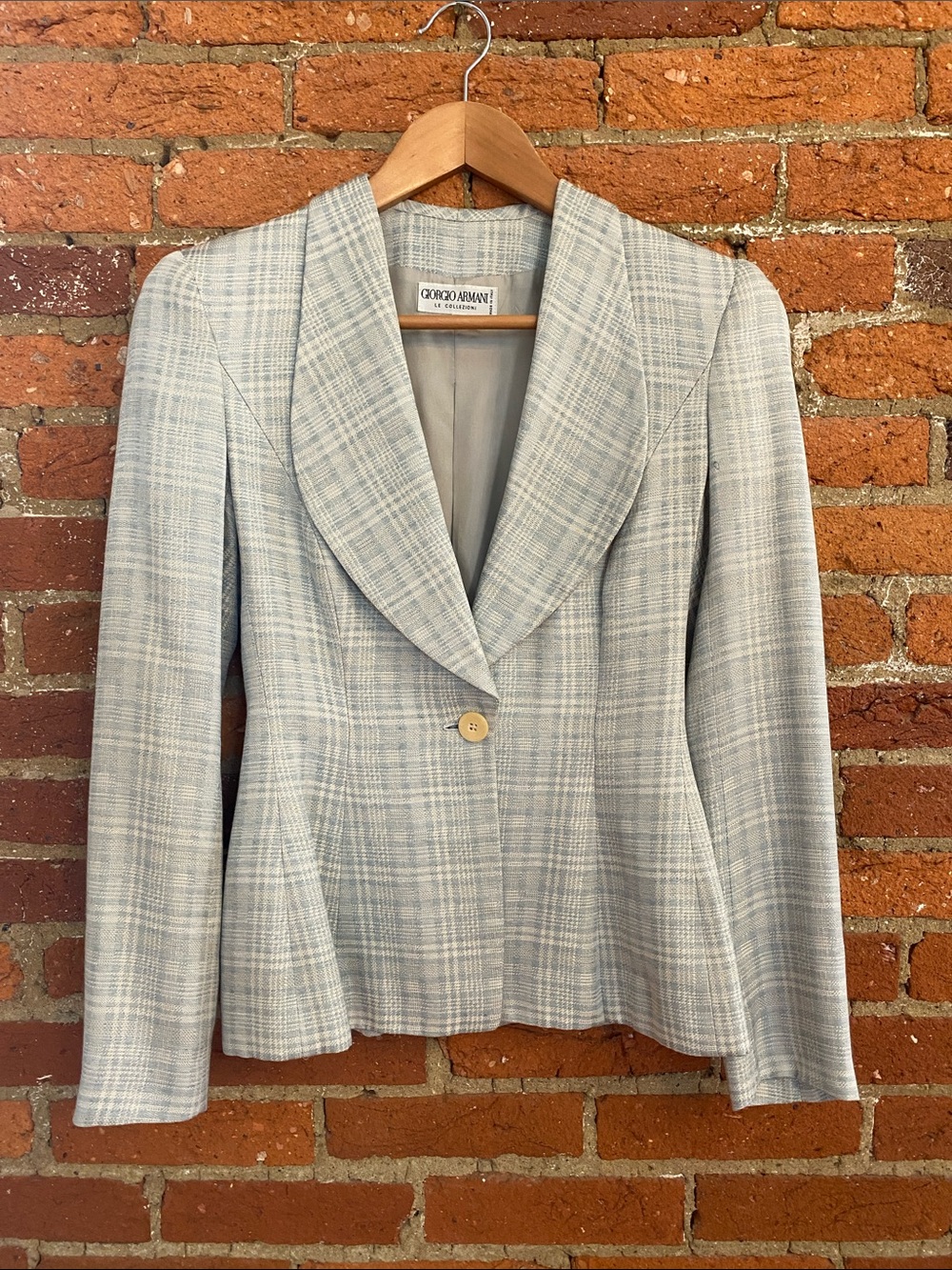Vintage 90s Giorgio Armani Light Blue Plaid Tailored Blazer